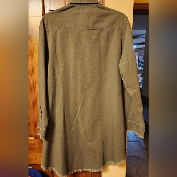 XL NWT Freyed Hem Olive Denim Button Front Shirt Dress Tunic Womens Size X-LARGE - Picture 2 of 3